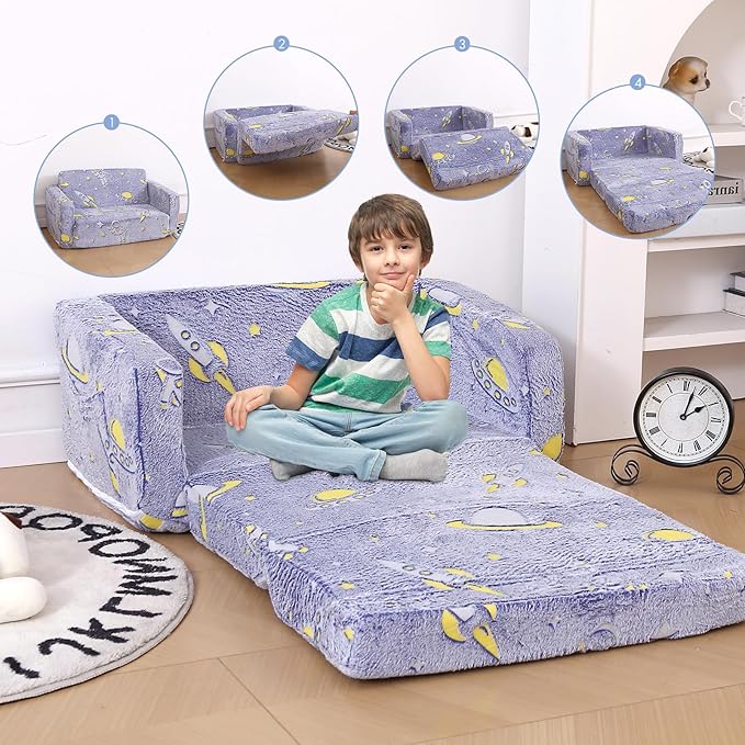 Foldable Kids Sofa, Soft Kids Fold Out Couch Glow in The Dark, Convertible Sofa - Image 4