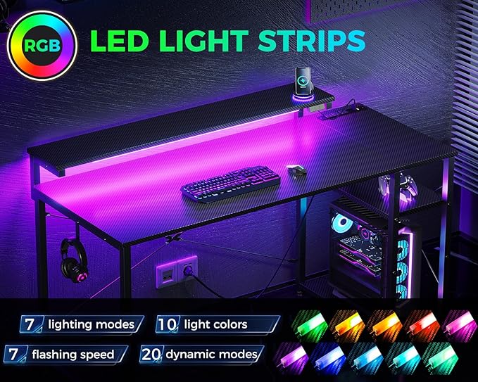 MOTPK 48 Inch Gaming Desk with Storage & Led Lights, Computer Desk with Power - Image 4