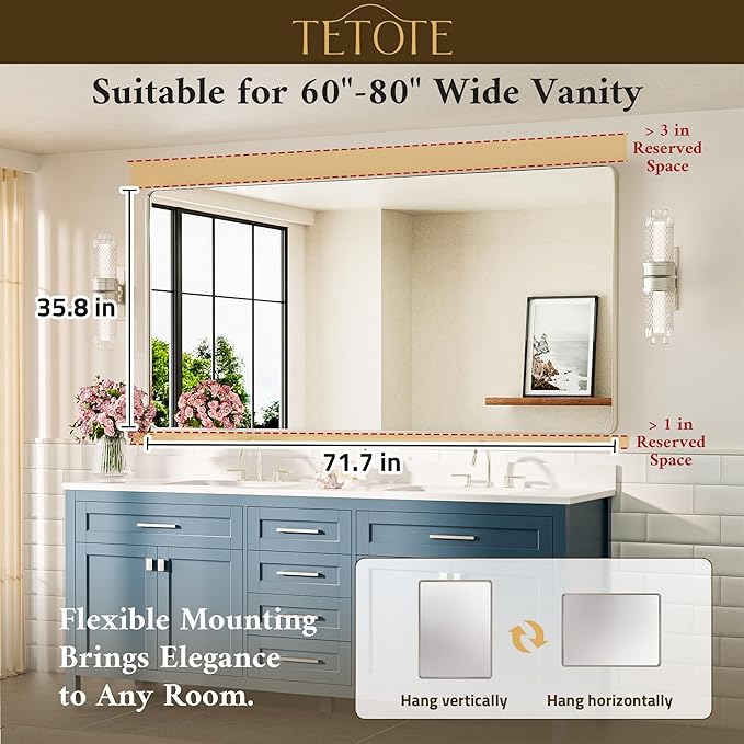 TETOTE 72 x 36 Inch Brushed Nickel Mirror Metal Framed Bathroom Mirror - Image 7