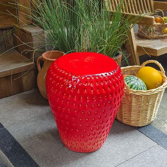 18" Red Strawberry Stool Statue Fruit-Inspired Side Table Indoor Outdoor Accent - Image 9