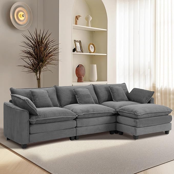 Furniliving 117‘’ L-Shaped Sofa, Luxury Corduroy Modular Sectional Couches by FurnilivingFurnitureforHome