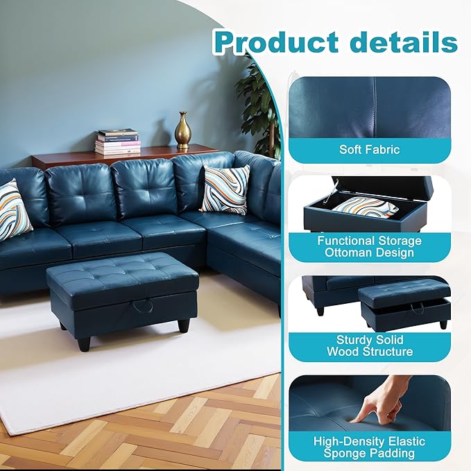 Couches for Living Room PU Leather L Shaped Couch Comfy 3 Pieces Sectional Sofa - Image 5