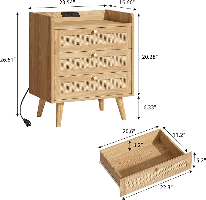Rattan Nightstand with Charging Station, Night Stand with 3 Large Drawers - Image 2