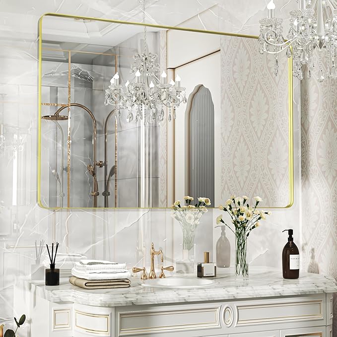 55×36 Gold Bathroom Mirror, Rectangular Bathroom Vanity Mirror by FunMemories