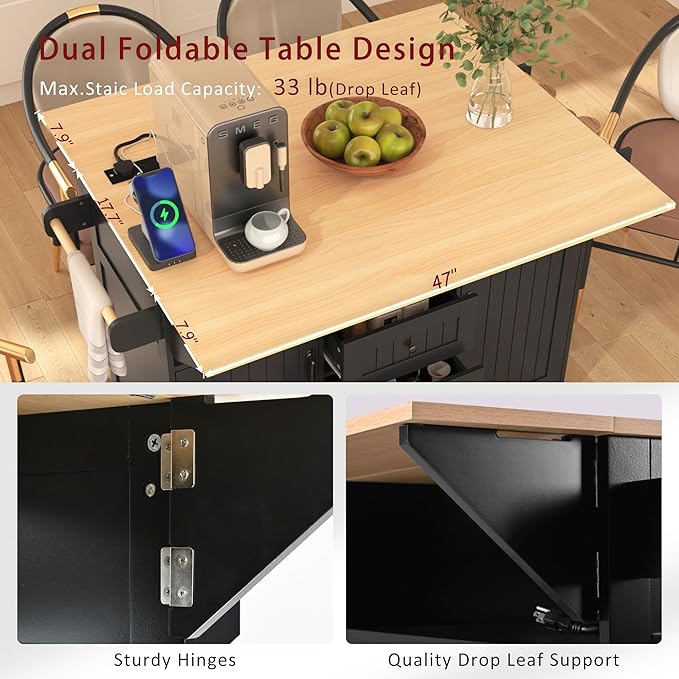 56" Large Kitchen Island with 2 Drop Leafs, Rolling Kitchen Cart on 5 Wheels - Image 4