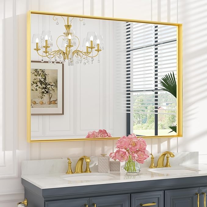 Keonjinn Gold Bathroom Mirror 48” x 36” Brushed Gold Metal Framed Mirror by Keonjinn