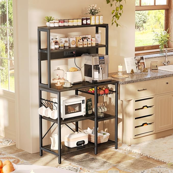 SUPERJARE Bakers Rack with Power Outlet, 35.4 Inches Coffee Bar with Wire Basket - Image 2