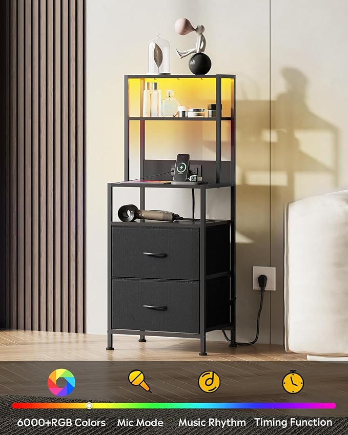 WLIVE Nightstand with Charging Station, LED Night Stand with 2 Drawers and 4 - Image 4