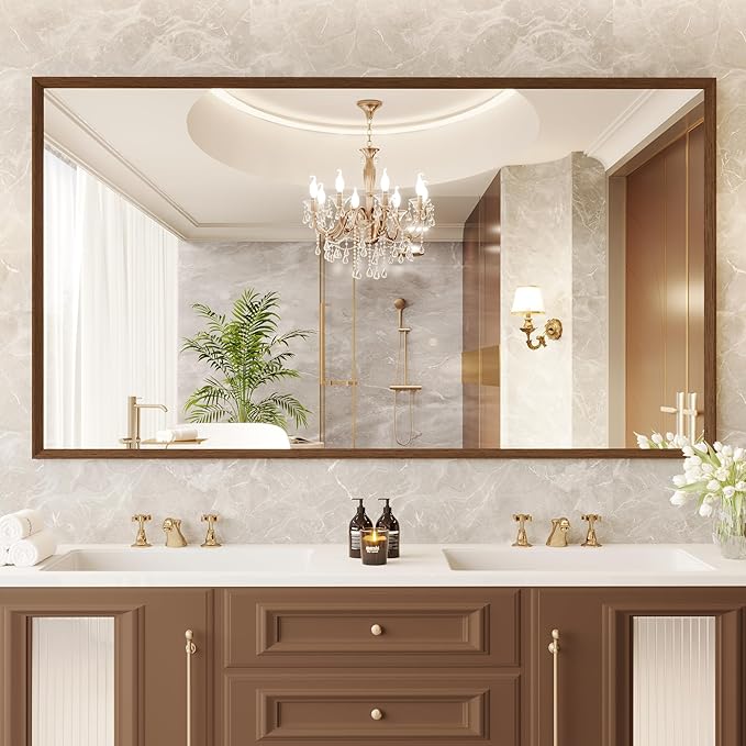 Rectangle Walnut Bathroom Mirror 55x30 Inch, Anti-Rust 4MM Tempered Glass - Image 2