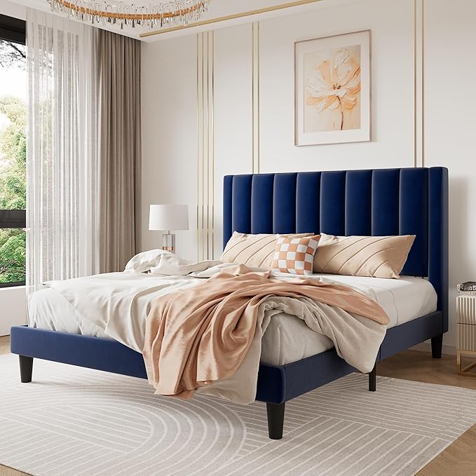 SHA CERLIN Queen Bed Frame/Velvet Upholstered Platform Bed Frame by SHACERLIN