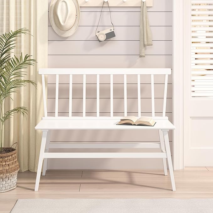 Bamboo Dining Bench, Wooden White Entryway Bench - Image 3