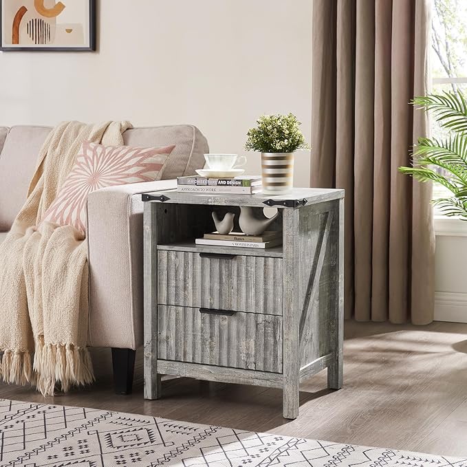 Grey Nightstand with Charging Station Set of 2-20 Inch Wide Farmhouse Fluted - Image 2