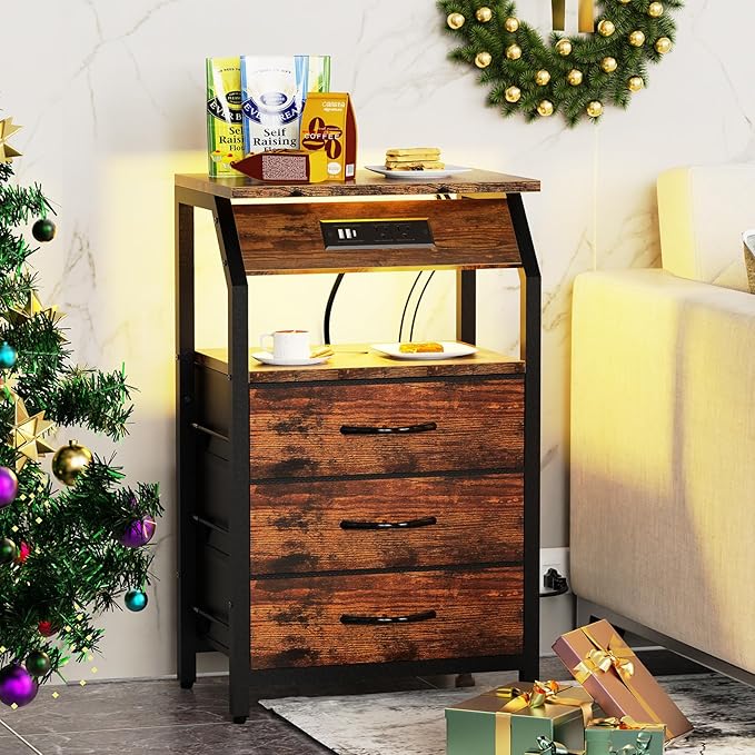 End Table with Charging Station, Nightstand with LED Lights and 3 Drawers - Image 4