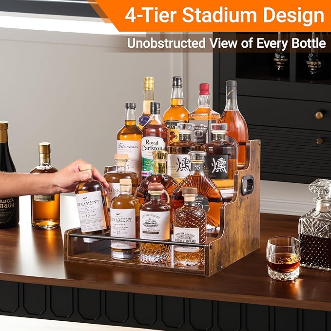 4-Tier Liquor Bottle Display Shelf, Holds up to 16 Bottles, Extra Large Rustic - Image 4