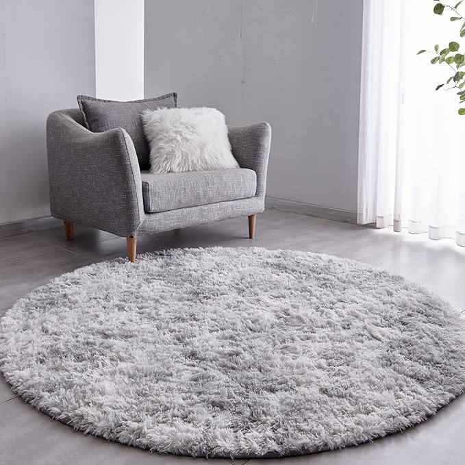 FJZFING Tie-Dyed Light Grey Round Rug Ultra-Soft Plush Modern 6x6 Circle Area by FJZFING