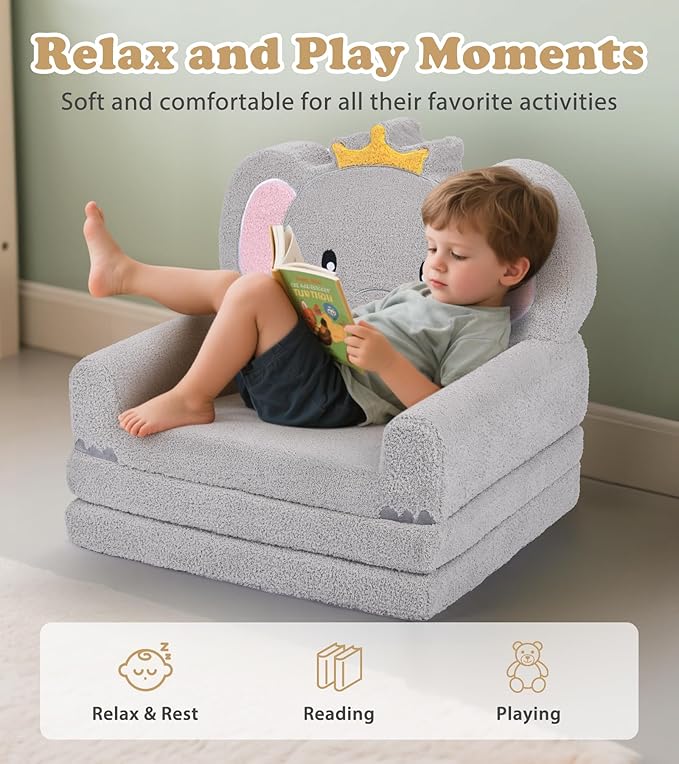 Kids Couch, 2-in-1 Soft Toddler Couch Fold Out - Image 4