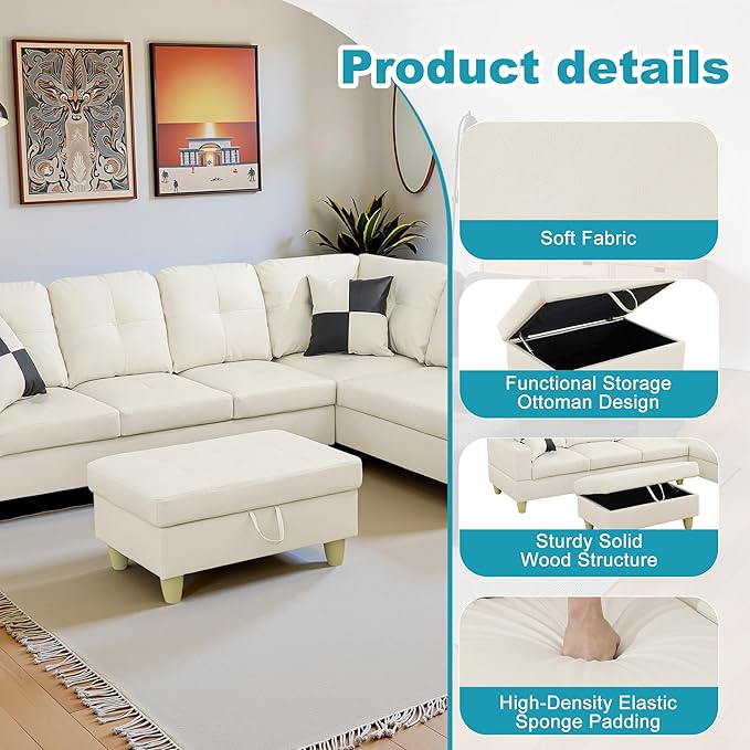 Couches for Living Room Faux Leather L Shaped Couch Comfy 3 Pieces Sectional - Image 5