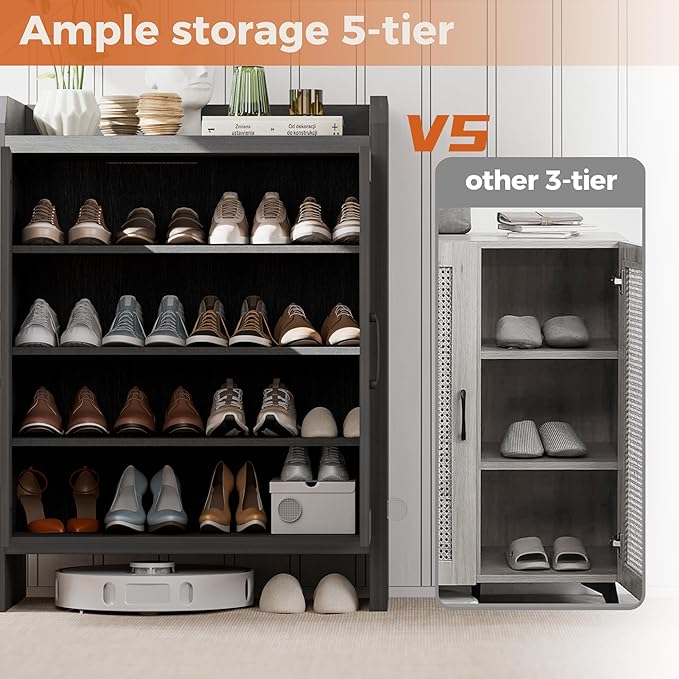 Shoe Cabinet Storage for Entryway, Natural Rattan Shoes Cupboard, Wooden Shoe - Image 9