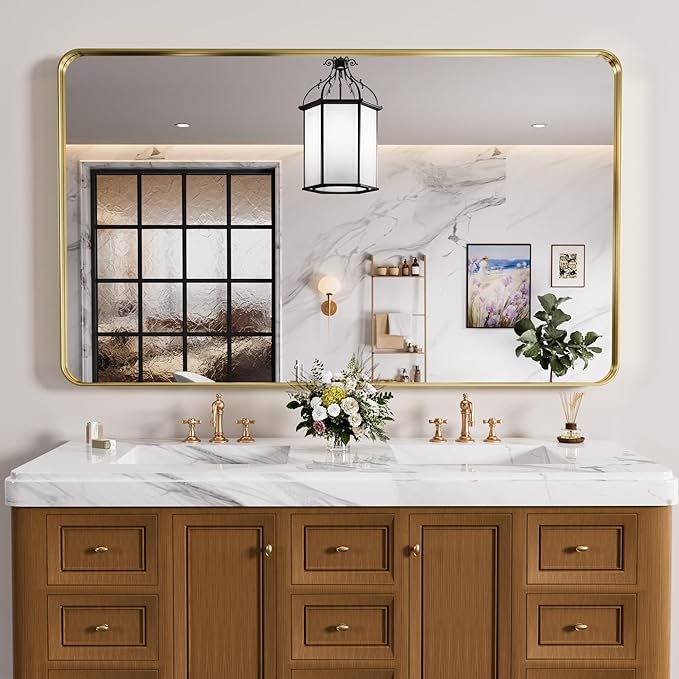Gold Bathroom Mirror, 55x30 Inch Brushed Gold Metal Frame Mirror - Image 2