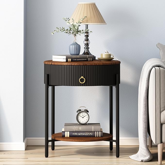 OIOG Modern Side Table with Drawer, Industrial 2 Tier End Table with Shelf by OIOG
