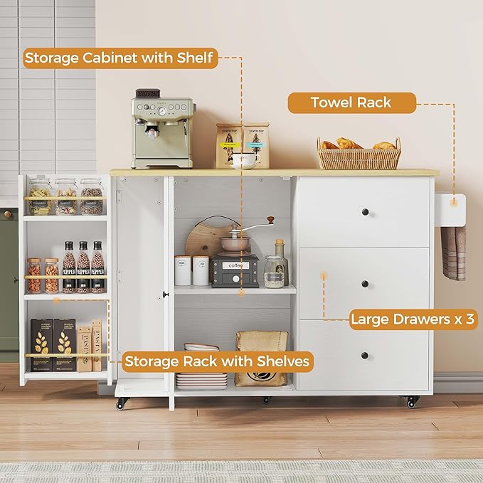 IRONCK Kitchen Island with Storage, 47.2in Rolling Island on Wheels, Kitchen - Image 4
