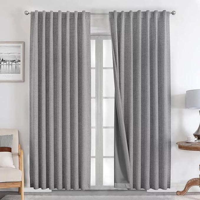 Joydeco Natural Linen Curtains 96 inch Length 2 Panels Set Burg 100% Blackout by JOYDECO