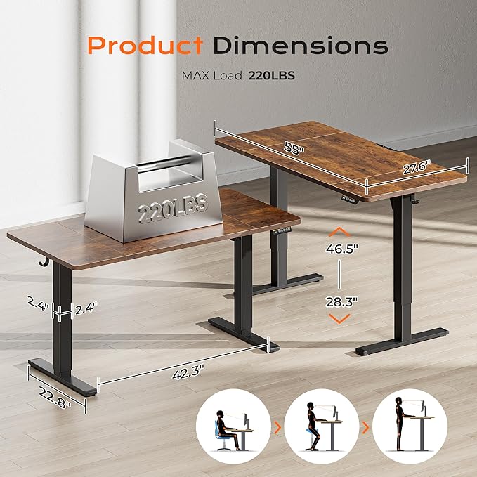 Huuger 55 x 28 Large Electric Standing Desk, Height Adjustable Computer Desk - Image 2