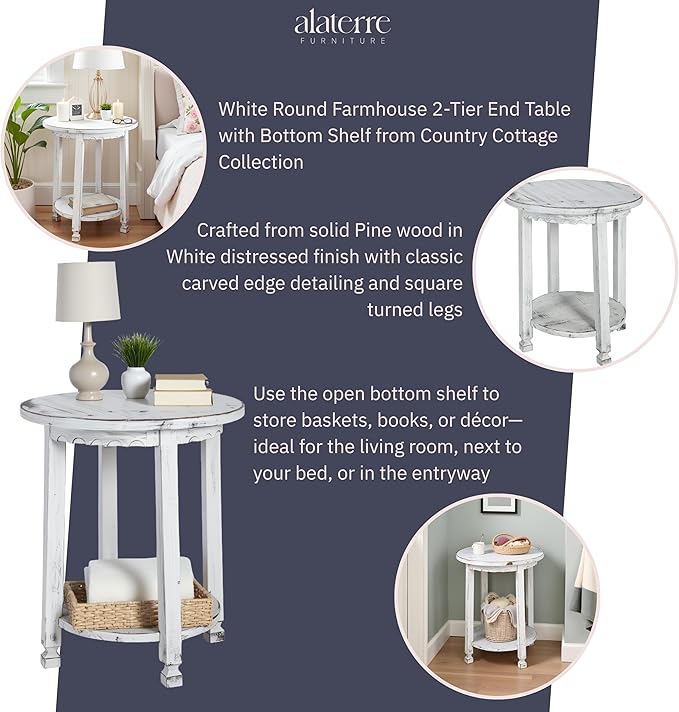 Rustic Cottage Round End Table w/ 1 Shelf, Farmhouse Style - Image 4
