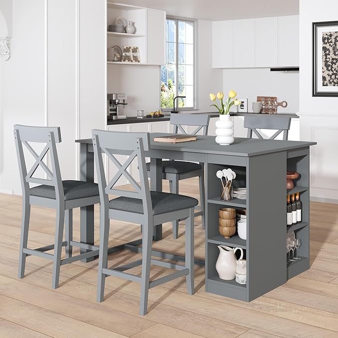 Merax 5 Piece Solid Wood Farmhouse Counter Height Dining Table Set by Merax