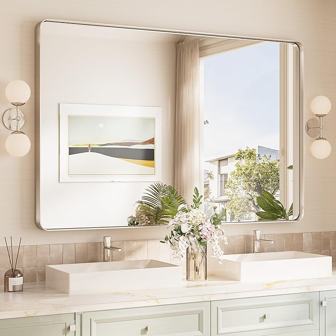 TokeShimi 55x36 Brushed Nickel Bathroom Wall Mirror Vanity Metal Frame Round by RefinedBathroomAccessories
