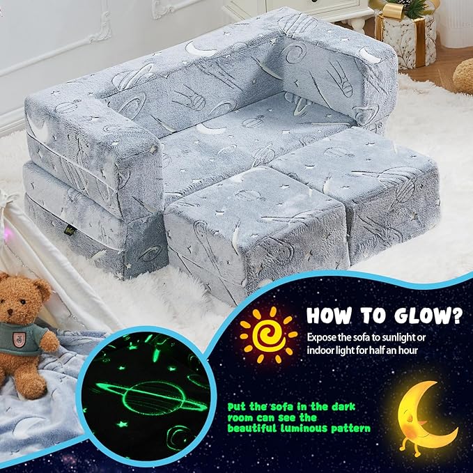 Kids Couch Sofa Modular Toddler Couch, Glow in The Dark 3 in 1 Fold Out Kids - Image 5