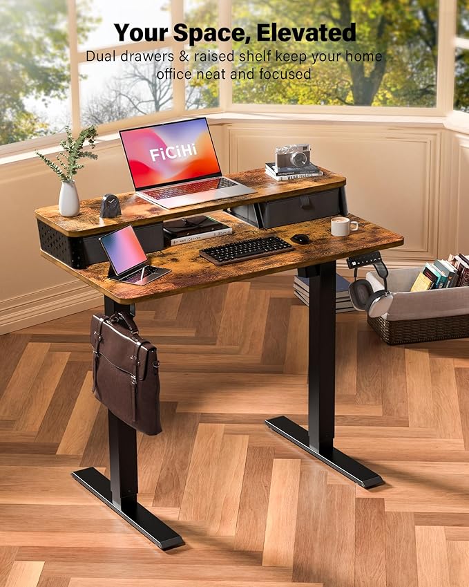 35x20 Inch Standing Desk with Double Drawers, C-Clamp Mount Compatible - Image 2
