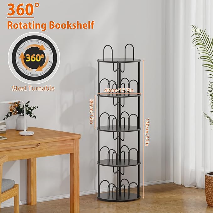 4 Tier Rotating Bookshelf, 360° Spinning Bookshelf Tower, Round Narrow Space - Image 3