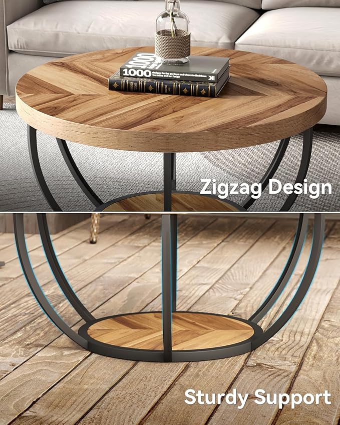 LITTLE TREE Round Coffee Table, 2-Tier Wood Accent Center Table - Image 6