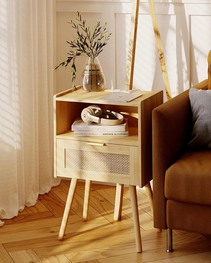 Rattan Nightstand with Outlet, Modern Bedside Table with Storage Drawer and - Image 7