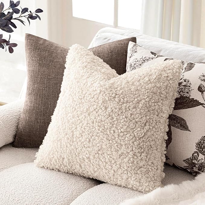 Foindtower 2 Pieces 24x24 Inch Cream Beige, Faux Fur Throw Pillow Cover Accent - Image 4