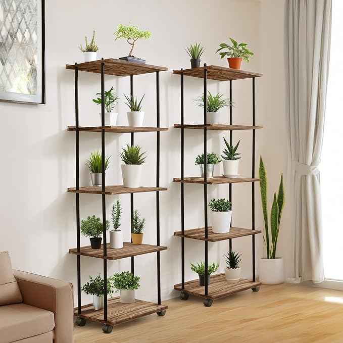 GETALL Tall Bookshelf with Wheels, 5 Tier Solid Wood Bookcase - Image 2