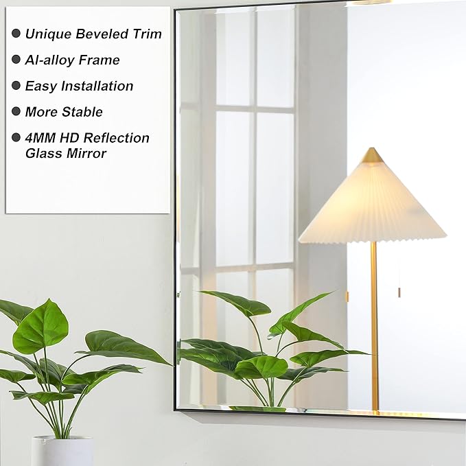 20x40 Inch Black Mirror with Beveled Trim, Aluminum Frame Bathroom Vanity Mirror - Image 3