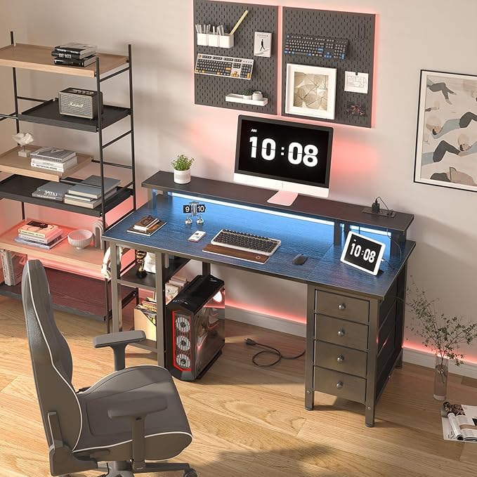 Lufeiya Black Gaming Desk with LED Lights and Power Outlets, 47 inch Computer - Image 2