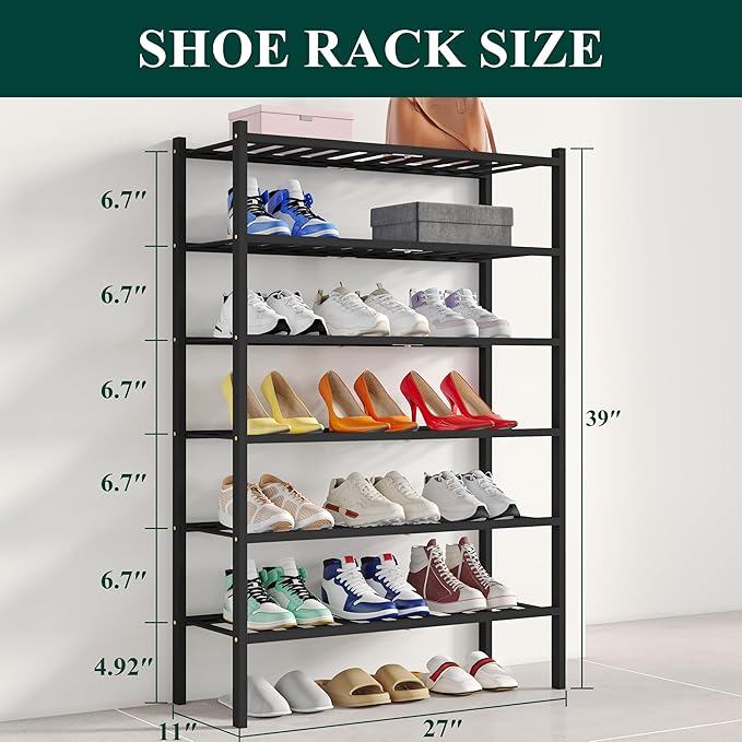 Smiry Shoe Rack, 6 Tier Bamboo Shoe Organizer, Stackable Free Standing Wooden - Image 2