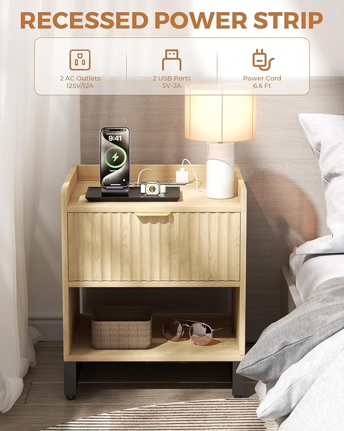 Fluted Night Stand with Charging Station, Wood Nightstand with Large Drawer and - Image 3