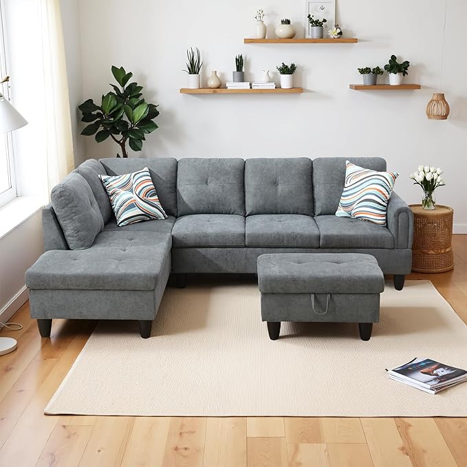 L Shaped Couch Modern Sectional Couch Upholstered Fluffy Fabric 3 Pieces Sofas - Image 4