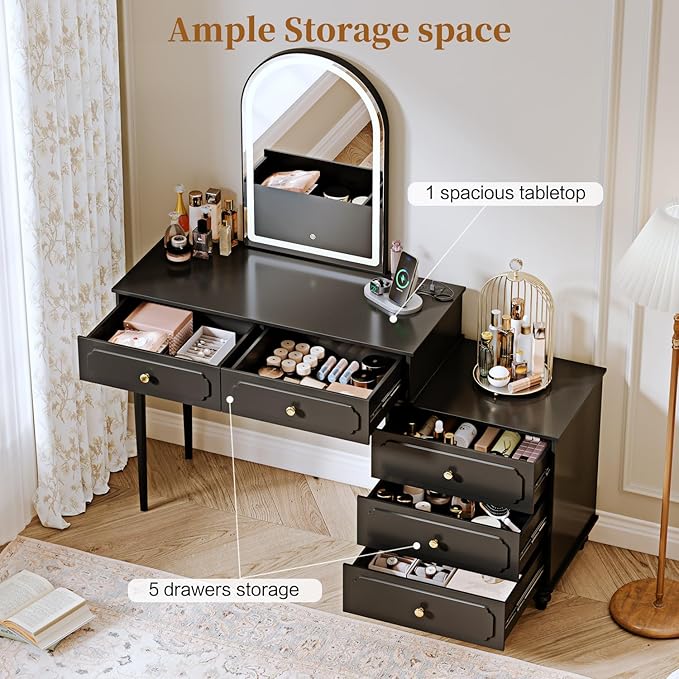 Black, Vanity Desk with Mirror and Lights, Makeup Vanity with Power Outlet and - Image 2