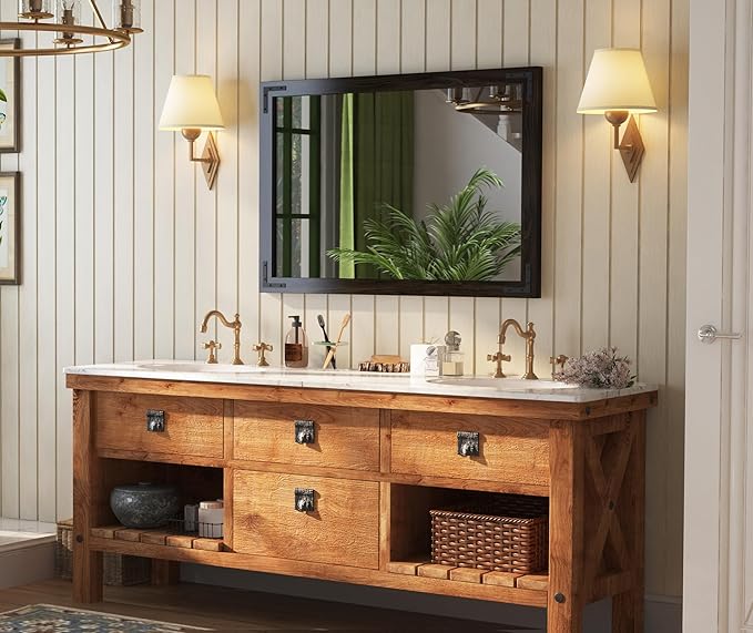 VocalStar Black Wood Framed Mirror 28 x 40 Inch, Rustic Natural Black Wooden - Image 2