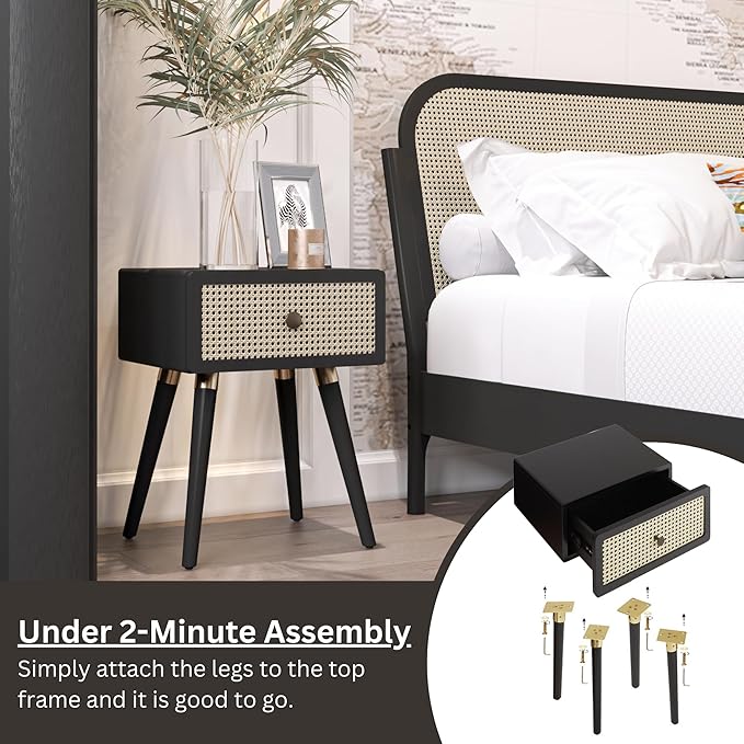 Bme Nipe Black Solid Wood Rattan Nightstand Fully Assembled, Woven Cane End - Image 3