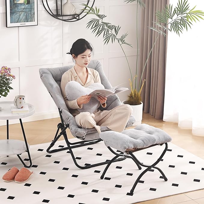 Comfy Saucer Chair with Ottoman, Oversized Folding Faux Fur Chair Soft Furry - Image 8