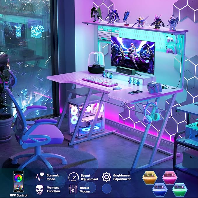 Gaming Computer Desk with Power Outlets, Gaming Desk with Hutch and LED Lights - Image 4