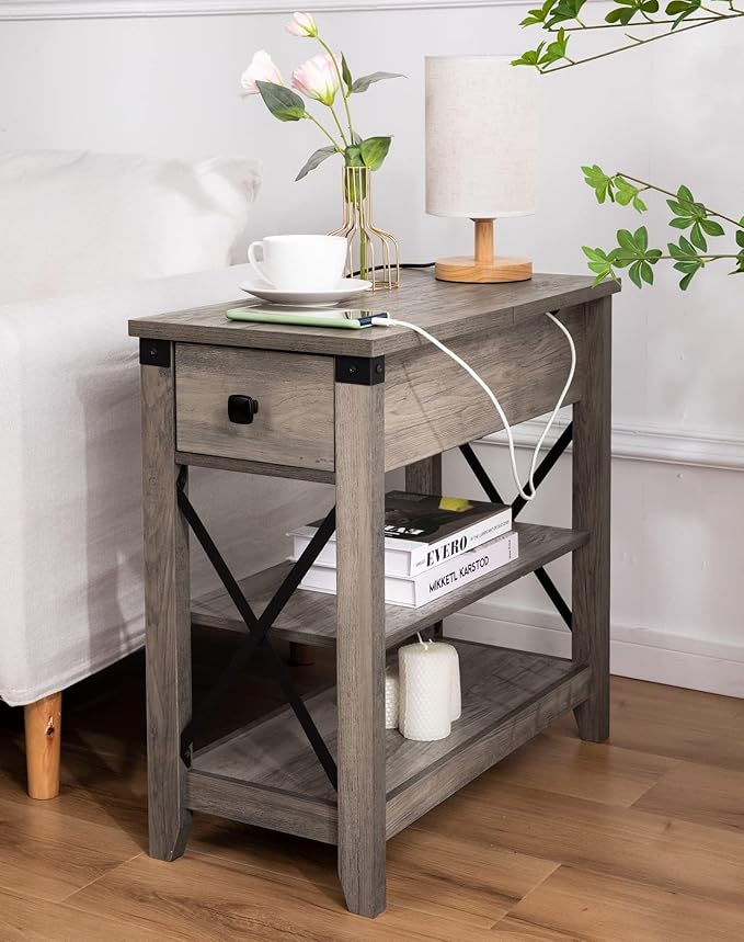 Narrow End Table with Charging Station Farmhouse Slim Side Table with USB Ports - Image 2