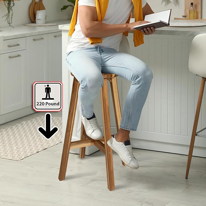 Round Stool Acacia Wood, Easy Assembly, Natural Wax Finish, Wooden Stool - Image 4