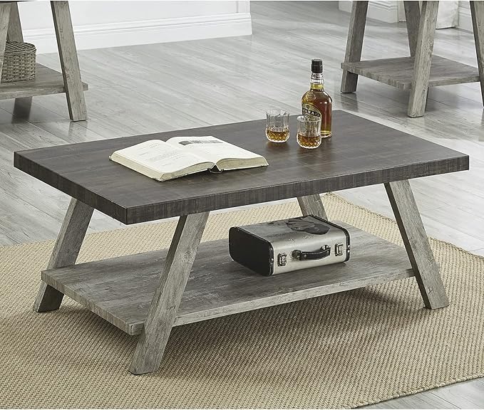Roundhill Furniture Athens Contemporary Wood Shelf Coffee Table, Weathered - Image 8